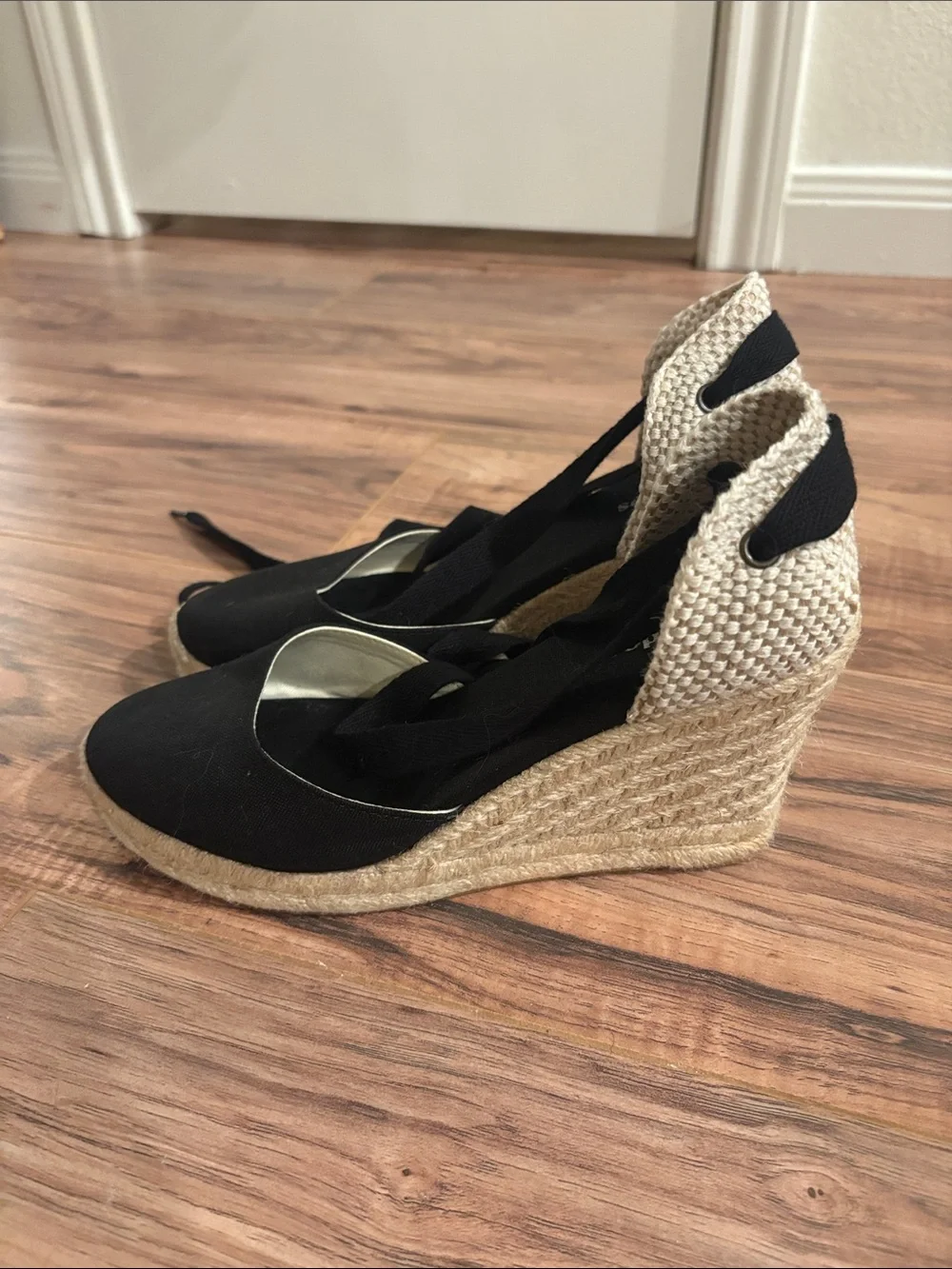 Soludos Black Espadrille Wedge Ankle-Tie Sandals